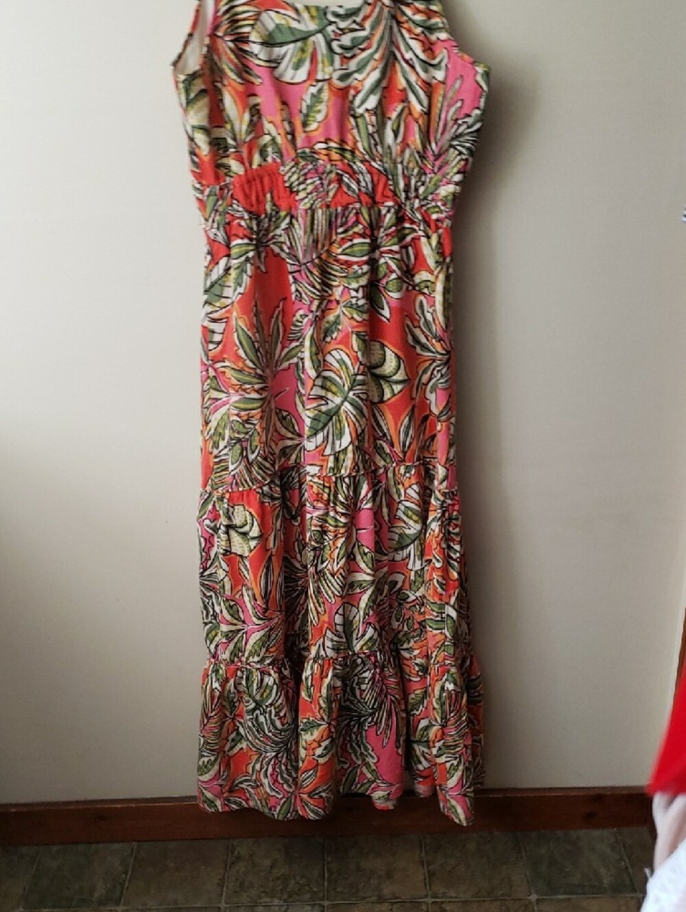 C&C California Pink & Orange Tropical Print Maxi Tiered Linen Blend Dress- L - Picture 8 of 13